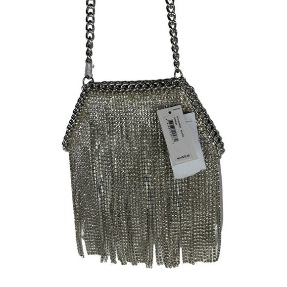 NWT Jessica McClintock Chrissy Silver Curtain Rhinestone Fringe Clutch - Picture 3 of 6